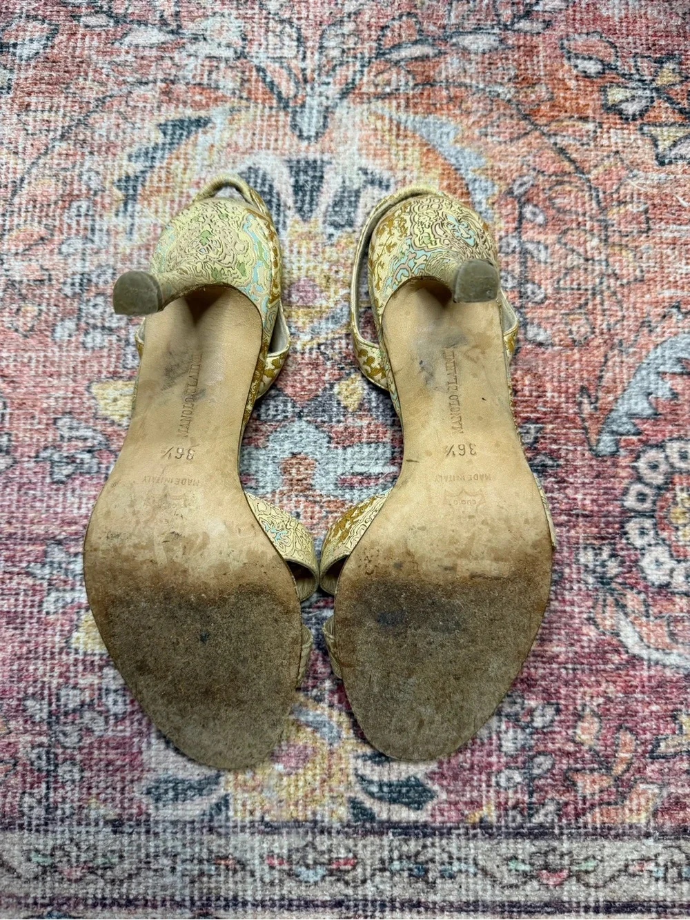 Vintage Manolo Blahnik Gold Floral Slingback Heeled Sandals